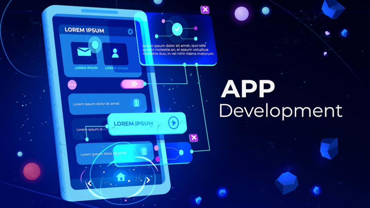 App development banner, adaptive layout application web interface on smartphone touch screen, user software API prototyping, testing, neon glowing background. Cartoon vector illustration, landing page
